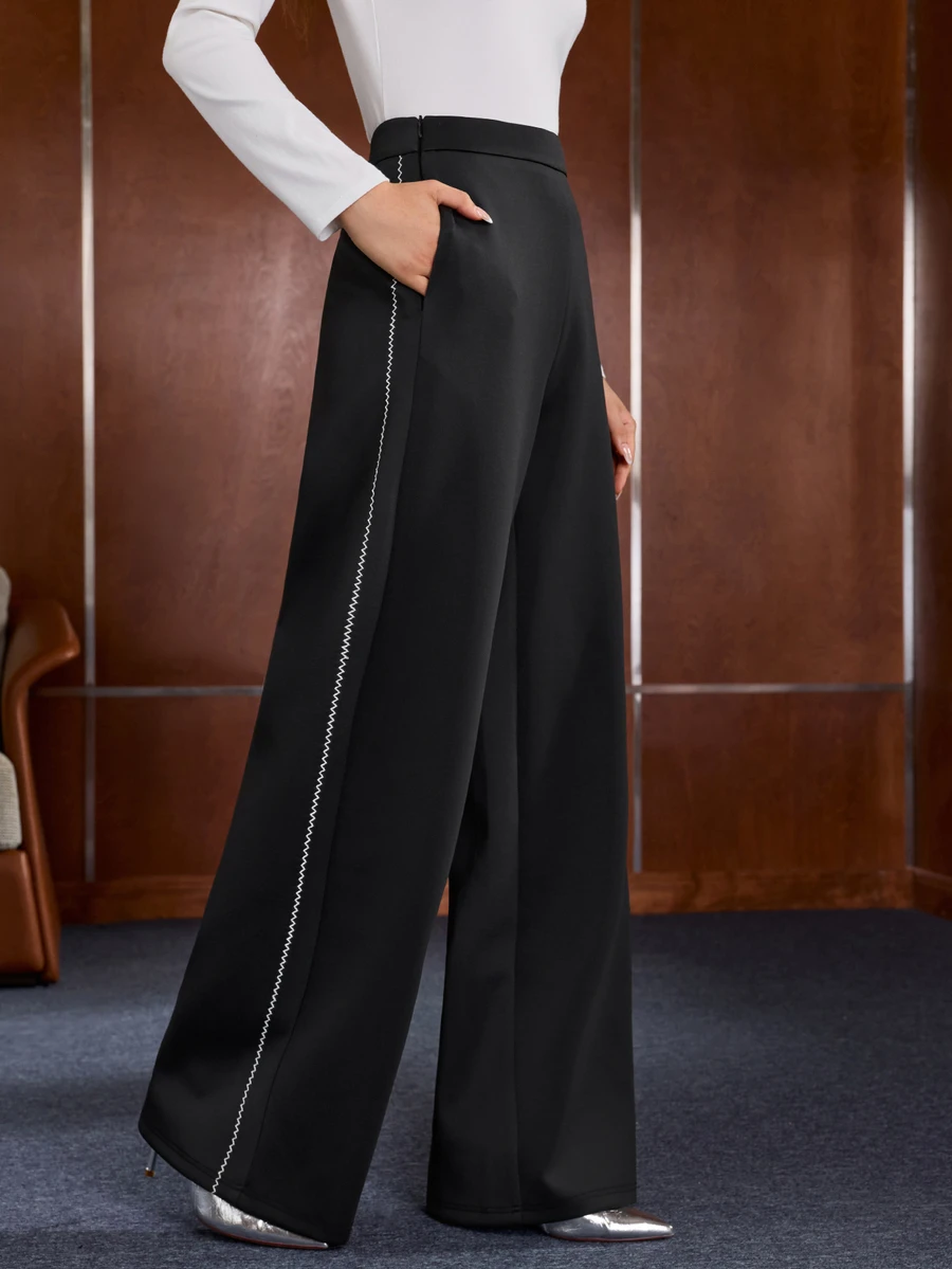 Celana Panjang Anewsta Air Layer Warna Kontras Hitam & Putih dengan Potongan Lebar dan Saku, untuk Perjalanan Santai - Hitam - View 1