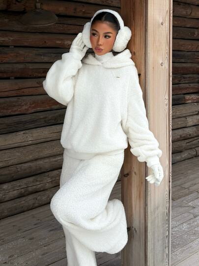 Muchica White Fuzzy Hooded Sweatshirt And Fuzzy Sweatpants Casual 2 Pieces Set, Suitable For Daily Commute, Streetwear, Party, Autumn/Winter/Spring/Summer, Christmas, New Year, Thanksgiving, Party, Graduation Ceremony, Elegant, Outing, Date, Commute, Valentine's Day, Elegant, Y2K, Graduation Ceremony And Other Occasions
