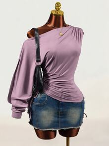 BamGleam Autumn Asymmetrical Shoulder Draped Long Sleeve Top Side Drawstring Ruched Cinched Waist T-Shirt Casual Sexy Blouses For Ladies Mauve Purple Club - Purple - View 7
