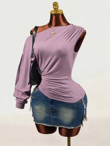 BamGleam Autumn Asymmetrical Shoulder Draped Long Sleeve Top Side Drawstring Ruched Cinched Waist T-Shirt Casual Sexy Blouses For Ladies Mauve Purple Club - Purple - View 6