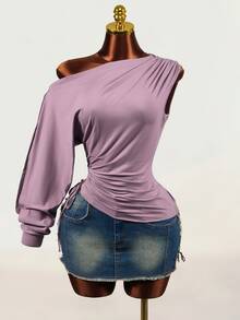 BamGleam Autumn Asymmetrical Shoulder Draped Long Sleeve Top Side Drawstring Ruched Cinched Waist T-Shirt Casual Sexy Blouses For Ladies Mauve Purple Club - Purple - View 8