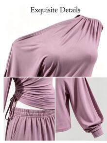 BamGleam Autumn Asymmetrical Shoulder Draped Long Sleeve Top Side Drawstring Ruched Cinched Waist T-Shirt Casual Sexy Blouses For Ladies Mauve Purple Club - Purple - View 9