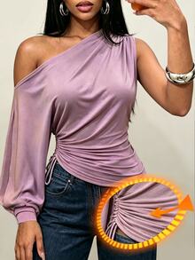 BamGleam Autumn Asymmetrical Shoulder Draped Long Sleeve Top Side Drawstring Ruched Cinched Waist T-Shirt Casual Sexy Blouses For Ladies Mauve Purple Club - Purple - View 4