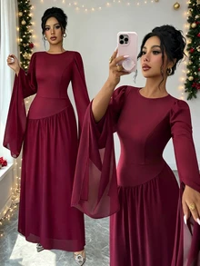 SHEIN Elenzya Round Neck Flutter Sleeve Chiffon Long Dress, Cinched Waist Asymmetrical Patchwork Full Skirt Flowy Muslim Evening Gown - Red - View 1