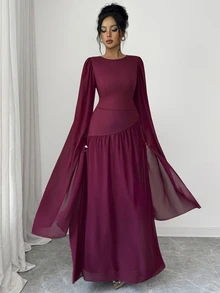 SHEIN Elenzya Round Neck Flutter Sleeve Chiffon Long Dress, Cinched Waist Asymmetrical Patchwork Full Skirt Flowy Muslim Evening Gown - Red - View 6