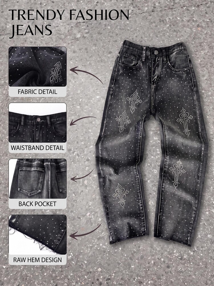 Kids Tween Boy Y2k Loose And Comfortable Street-Style Distressed And Rhinestone-Embroidered Jeans - Black - View 3