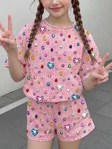 [印花設計] 青少年女孩休閒極簡可愛甜美波點亮面紋理愛心印花，鈷藍色亮眼短袖T恤與短褲2件套，適合夏季舒適春夏風格，圖案，Kawaii - 彩色 - 查看 7