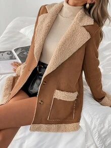 SHEIN LUNE Women's Contrast Color Fluffy Warm Jacket,Ladies Autumn Elegant Button Front Pocket Lapel Loose Brown Colorblock Coats,All Shades Of Brown,Date,Fall - Brown - View 7
