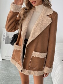 SHEIN LUNE Women's Contrast Color Fluffy Warm Jacket,Ladies Autumn Elegant Button Front Pocket Lapel Loose Brown Colorblock Coats,All Shades Of Brown,Date,Fall - Brown - View 8