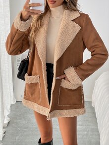 SHEIN LUNE Women's Contrast Color Fluffy Warm Jacket,Ladies Autumn Elegant Button Front Pocket Lapel Loose Brown Colorblock Coats,All Shades Of Brown,Date,Fall - Brown - View 4
