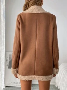 SHEIN LUNE Women's Contrast Color Fluffy Warm Jacket,Ladies Autumn Elegant Button Front Pocket Lapel Loose Brown Colorblock Coats,All Shades Of Brown,Date,Fall - Brown - View 6