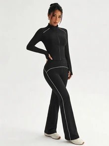 Pariaura 2PCS Women's Autumn Sports Set Black And White Tight Full Zip Stand Collar Patchwork Jacket And Straight Leg Pants Athleisure Workout Gym Running - Black - View 6