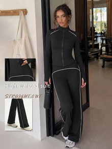 Pariaura 2PCS Women's Autumn Sports Set Black And White Tight Full Zip Stand Collar Patchwork Jacket And Straight Leg Pants Athleisure Workout Gym Running - Black - View 3