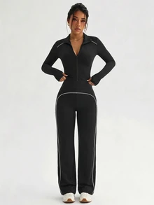 Pariaura 2PCS Women's Autumn Sports Set Black And White Tight Full Zip Stand Collar Patchwork Jacket And Straight Leg Pants Athleisure Workout Gym Running - Black - View 4