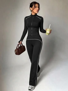 Pariaura 2PCS Women's Autumn Sports Set Black And White Tight Full Zip Stand Collar Patchwork Jacket And Straight Leg Pants Athleisure Workout Gym Running - Black - View 1
