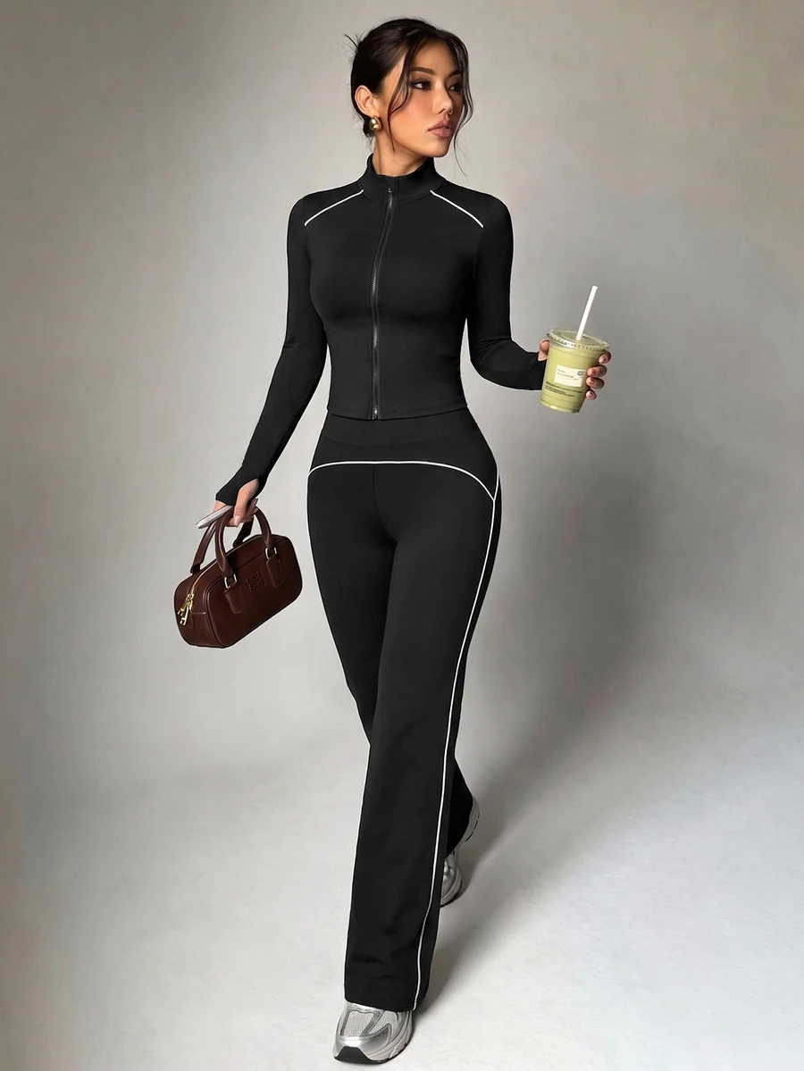 Pariaura 2PCS Women's Autumn Sports Set Black And White Tight Full Zip Stand Collar Patchwork Jacket And Straight Leg Pants Athleisure Workout Gym Running - Black - View 1