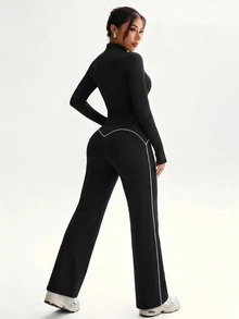 Pariaura 2PCS Women's Autumn Sports Set Black And White Tight Full Zip Stand Collar Patchwork Jacket And Straight Leg Pants Athleisure Workout Gym Running - Black - View 5