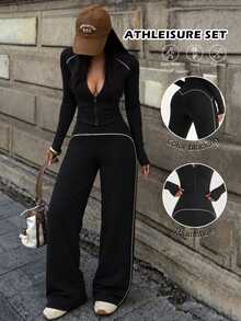 Pariaura 2PCS Women's Autumn Sports Set Black And White Tight Full Zip Stand Collar Patchwork Jacket And Straight Leg Pants Athleisure Workout Gym Running - Black - View 7