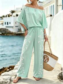 SHEIN LUNE [印花設計] 女款露肩葉脈印花上衣與長褲休閒兩件套 - 彩色 - 查看 4