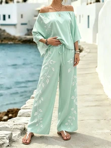 SHEIN LUNE [印花設計] 女款露肩葉脈印花上衣與長褲休閒兩件套 - 彩色 - 查看 6