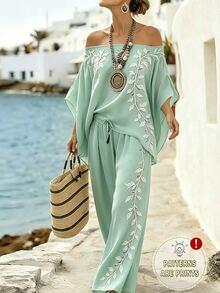 SHEIN LUNE [印花設計] 女款露肩葉脈印花上衣與長褲休閒兩件套 - 彩色 - 查看 7