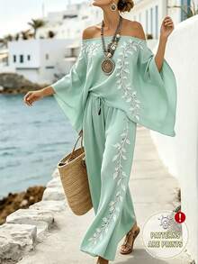 SHEIN LUNE [印花設計] 女款露肩葉脈印花上衣與長褲休閒兩件套 - 彩色 - 查看 1