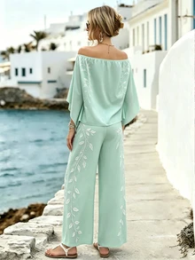 SHEIN LUNE [印花設計] 女款露肩葉脈印花上衣與長褲休閒兩件套 - 彩色 - 查看 3