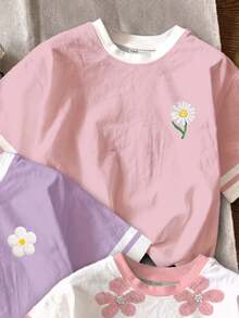 【印花設計】青少年女孩休閒極簡 3D 花卉圖案圓領短袖基礎 T-shirt，適合春夏，3 件組，新風格，隨性時尚，返校適用，慵懶氛圍 - 彩色 - 查看 3