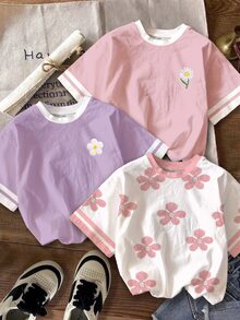 【印花設計】青少年女孩休閒極簡 3D 花卉圖案圓領短袖基礎 T-shirt，適合春夏，3 件組，新風格，隨性時尚，返校適用，慵懶氛圍 - 彩色 - 查看 1