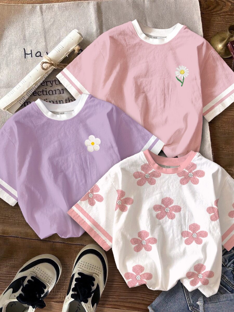 【印花設計】青少年女孩休閒極簡 3D 花卉圖案圓領短袖基礎 T-shirt，適合春夏，3 件組，新風格，隨性時尚，返校適用，慵懶氛圍 - 彩色 - 查看 1