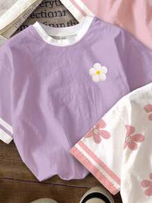 【印花設計】青少年女孩休閒極簡 3D 花卉圖案圓領短袖基礎 T-shirt，適合春夏，3 件組，新風格，隨性時尚，返校適用，慵懶氛圍 - 彩色 - 查看 4