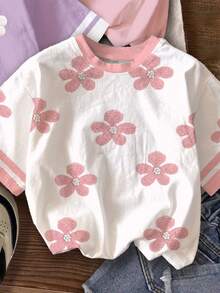 【印花設計】青少年女孩休閒極簡 3D 花卉圖案圓領短袖基礎 T-shirt，適合春夏，3 件組，新風格，隨性時尚，返校適用，慵懶氛圍 - 彩色 - 查看 5