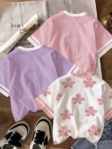 【印花設計】青少年女孩休閒極簡 3D 花卉圖案圓領短袖基礎 T-shirt，適合春夏，3 件組，新風格，隨性時尚，返校適用，慵懶氛圍 - 彩色 - 查看 6