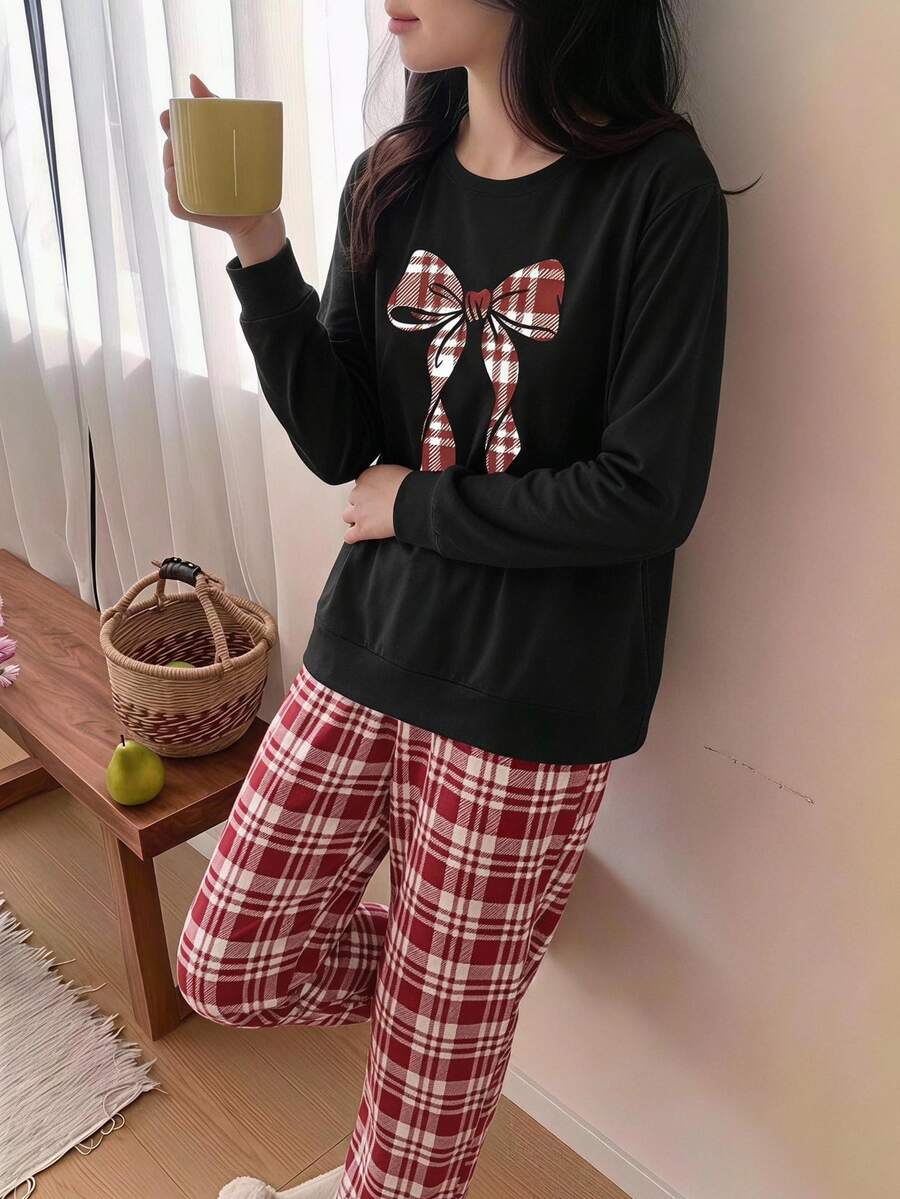 青少年女孩秋季新款格紋蝴蝶結印花針織圓領上衣搭配全格紋長褲休閒居家服2件套 1套 - 黑色 - 查看 1