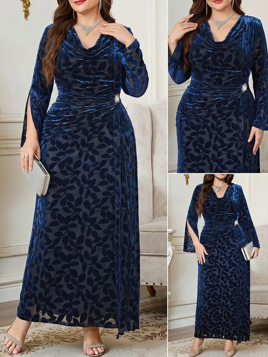Reflora Plus Size Women's Floral Print Cowl Neck Split Sleeve Elegant Dress Christmas - Blue - View 1