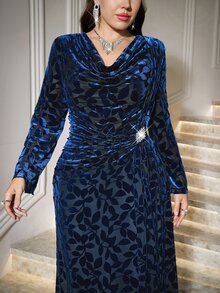 Reflora Plus Size Women's Floral Print Cowl Neck Split Sleeve Elegant Dress Christmas - Blue - View 2