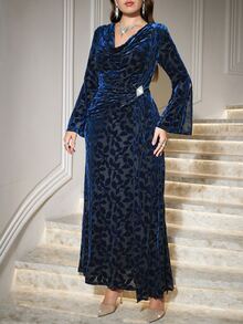 Reflora Plus Size Women's Floral Print Cowl Neck Split Sleeve Elegant Dress Christmas - Blue - View 6
