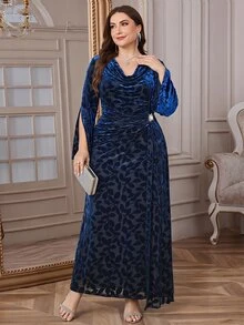 Reflora Plus Size Women's Floral Print Cowl Neck Split Sleeve Elegant Dress Christmas - Blue - View 9