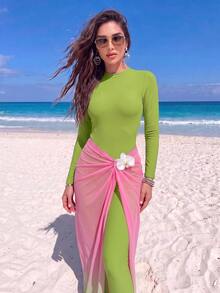 SHEIN Swim Summer High-End Elegant Modest Solid Color Gradient Beach Dress Design Best-Selling Burkini Swimsuit Green Tropical Pink - Green - View 3