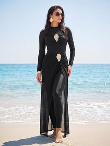 SHEIN Swim Women's New Solid Color Round Neck Long Sleeve Fitted One Piece Swimsuit And Fitted Long Pants Beach Skirt Set - Black - View 1