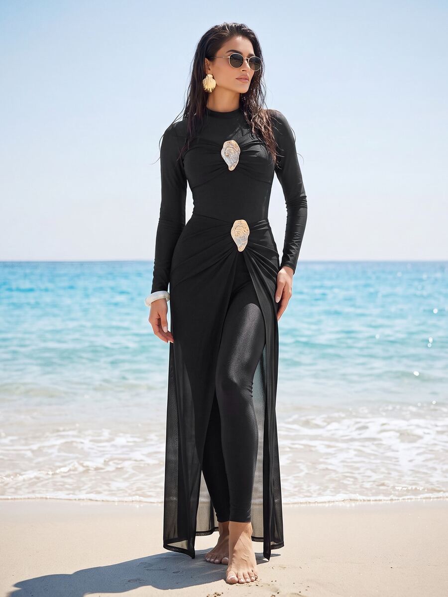 SHEIN Swim Women's New Solid Color Round Neck Long Sleeve Fitted One Piece Swimsuit And Fitted Long Pants Beach Skirt Set - Black - View 1
