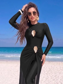 SHEIN Swim Women's New Solid Color Round Neck Long Sleeve Fitted One Piece Swimsuit And Fitted Long Pants Beach Skirt Set - Black - View 2