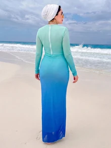 Swim Shayni 26SS 春夏优雅紫色波浪印花长袖上衣和裤子，搭配同色半裙，布基尼两件套 - 彩色 - 查看 2