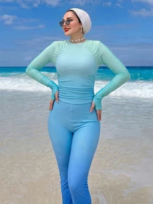 Swim Shayni 26SS 春夏优雅紫色波浪印花长袖上衣和裤子，搭配同色半裙，布基尼两件套 - 彩色 - 查看 3