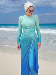 Swim Shayni 26SS 春夏优雅紫色波浪印花长袖上衣和裤子，搭配同色半裙，布基尼两件套 - 彩色 - 查看 1