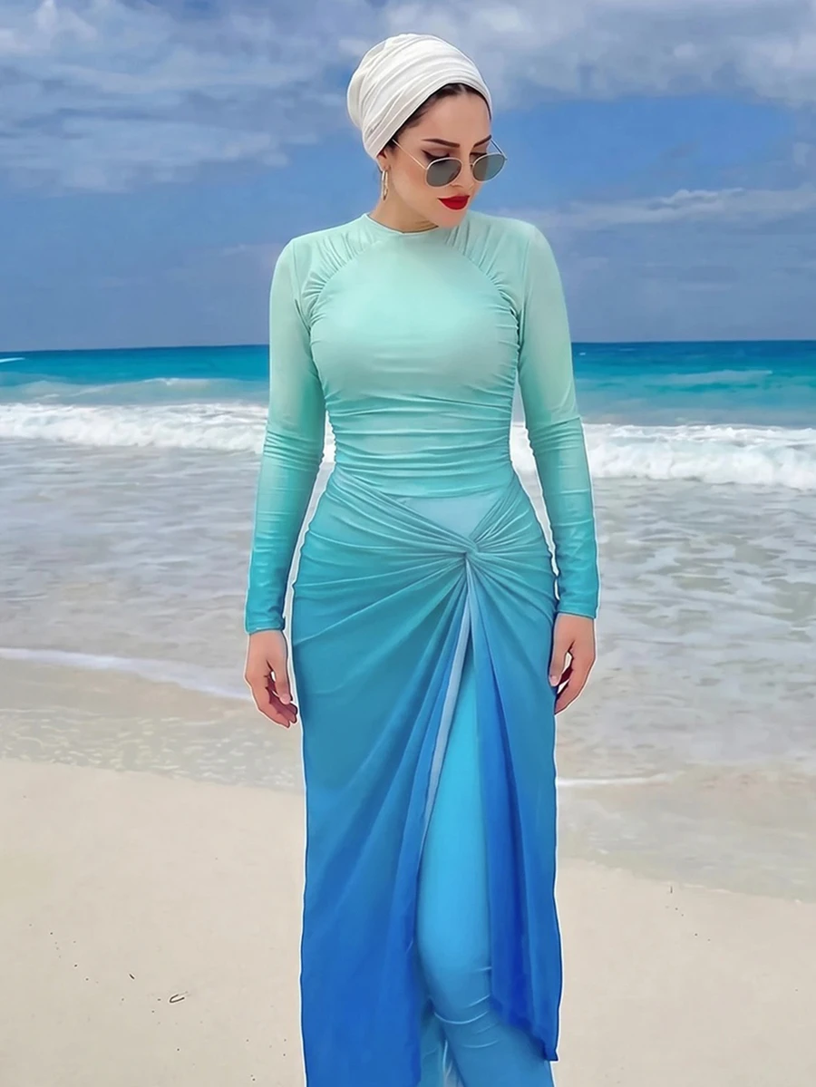 Swim Shayni 26SS 春夏优雅紫色波浪印花长袖上衣和裤子,搭配同色半裙,布基尼两件套 - 彩色 - 查看 1