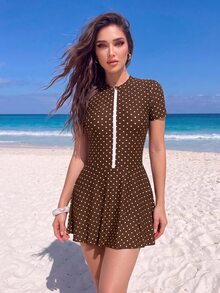 Swim Shayni Women's Brown Short Sleeve Jumpsuit And Mini Skirt Burkini Two-Piece Swimsuit Set Suitable For Summer Vacation Beach Modest - Brown - View 2