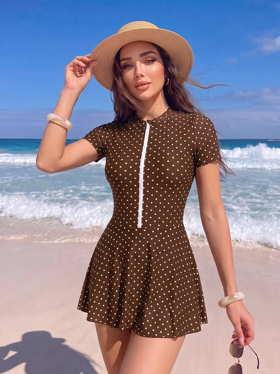 Swim Shayni Women's Brown Short Sleeve Jumpsuit And Mini Skirt Burkini Two-Piece Swimsuit Set Suitable For Summer Vacation Beach Modest - Brown - View 1