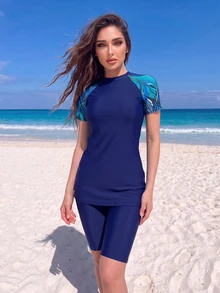 Swim Mulvari Summer Beach Tropical Print Raglan Sleeve Burkini Arabic Clothing - Navy Blue - View 1