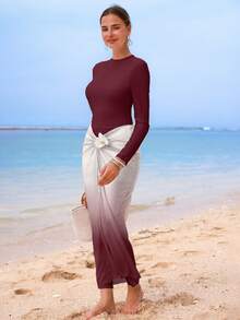 SHEIN Swim Summer High-End Elegant Solid Color Gradient Beach Dress Design Bestselling Burkini Swimsuit - Burgundy - View 7